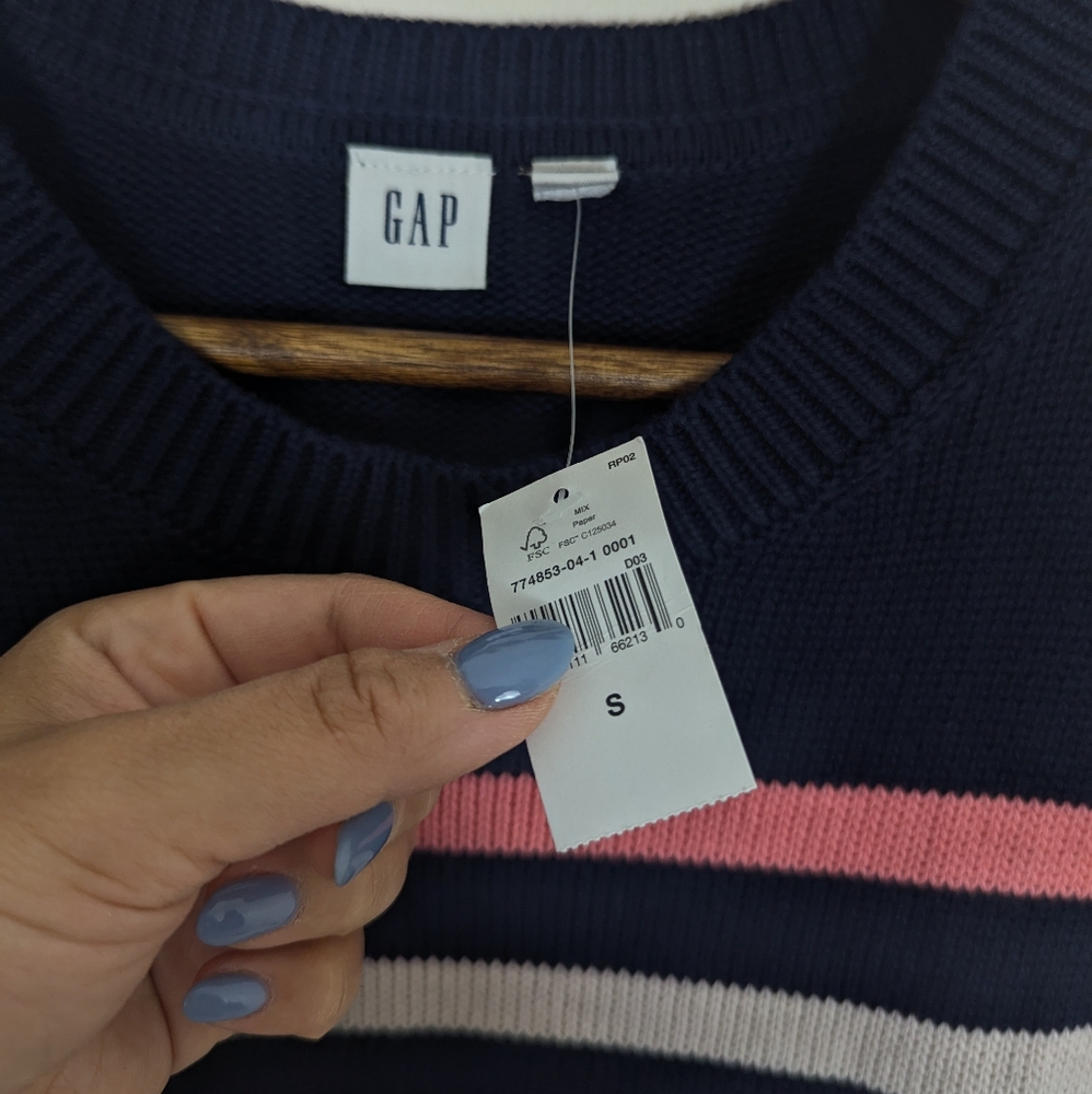 Gap Navy Blue & Stripe Cotton 24/7 Split Hem Oversized Pullover Sweater NEW! - Picture 8 of 10